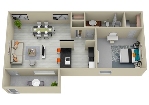 a 3d rendering of a floor plan with a bedroom and living room